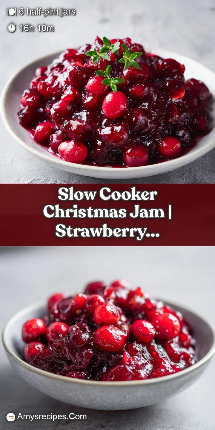 Close-up of bubbling, jewel-toned strawberry cranberry jam in a jar, showcasing vibrant fruit pieces.