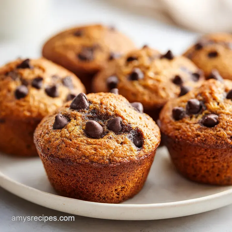 Two moist, golden muffins stacked on a white ceramic plate with a drizzle of honey and a side of fresh blueberries.