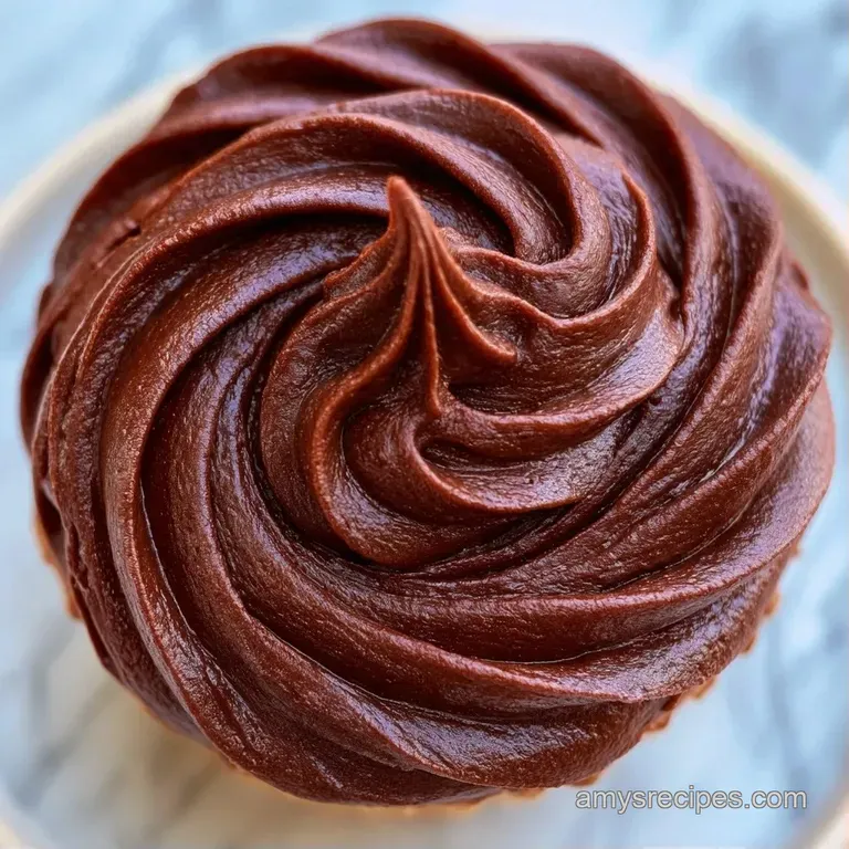 A slice of dark cake topped with a towering swirl of creamy brown icing and a single bright red cherry on top.