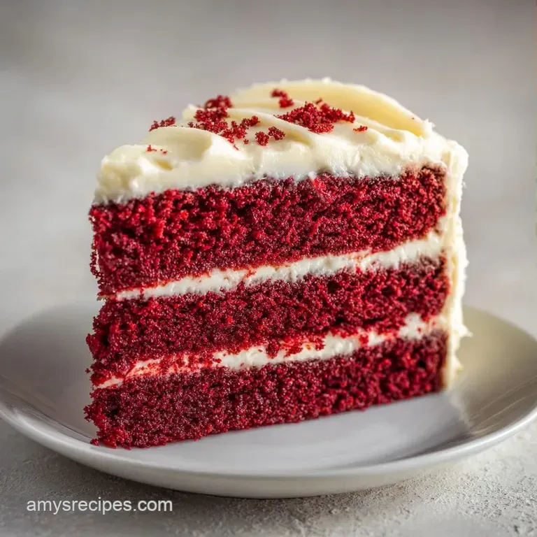 A neat slice of crimson-colored cake with thick white frosting layers served on a porcelain plate with a silver fork.