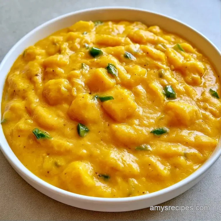 Creamy golden sauce drizzled over fluffy rice in a ceramic bowl, topped with bright orange mango and fresh herbs.