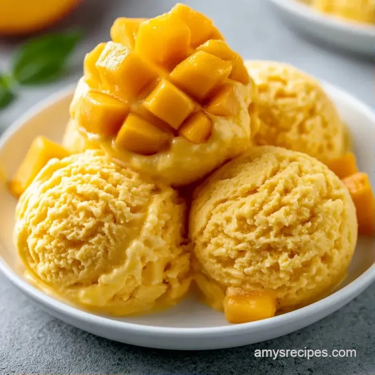 Vibrant orange frozen dessert scoops garnished with fresh mint leaves and diced mango in a crystal glass bowl.