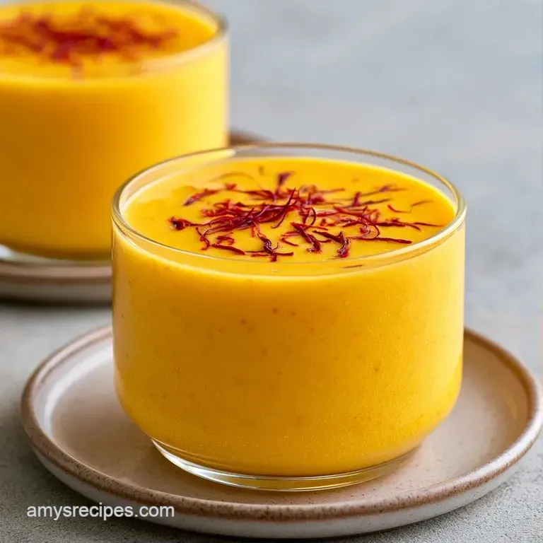 A tall glass of thick orange drink beside diced mango chunks and a cinnamon stick on a white marble surface.