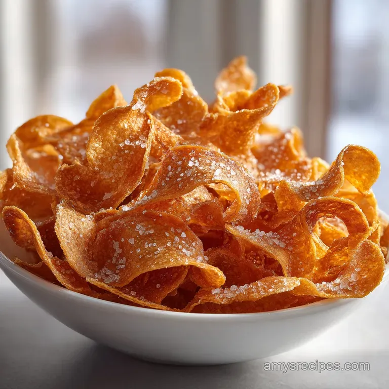 Neatly stacked golden chicken crisps beside a small white bowl of creamy dipping sauce on a white marble surface.