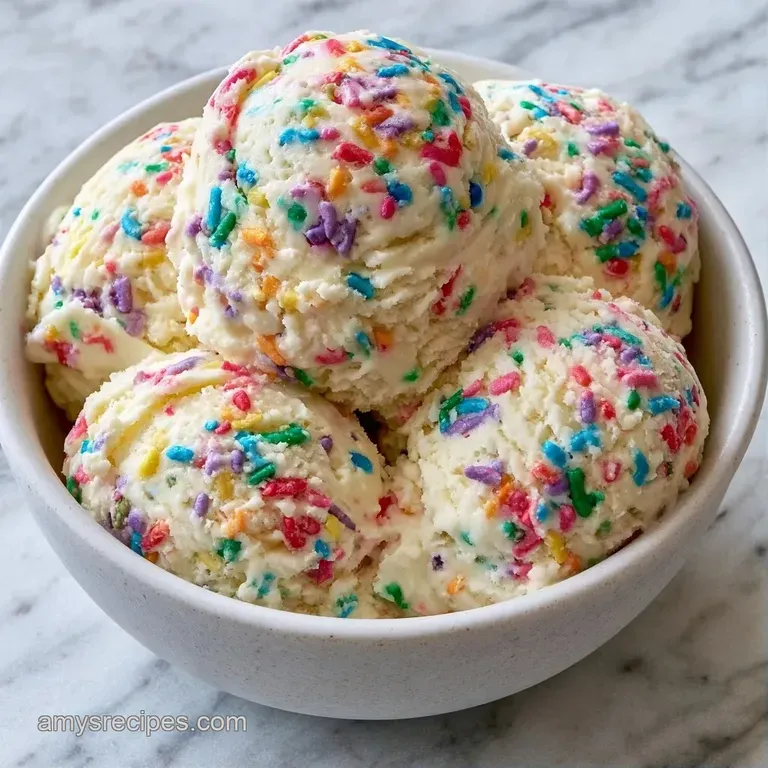Three scoops of pale yellow frozen dessert in a white bowl, accented by bright sprinkles and a mint leaf garnish.