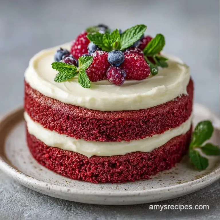 A slice of deep red sponge cake with smooth white icing, served on a gold-rimmed plate beside a fresh raspberry.