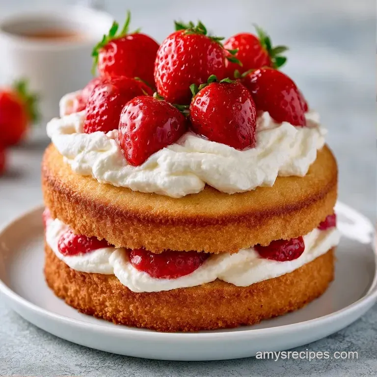 Single slice of sponge cake topped with a cloud of whipped cream and fresh strawberries on a minimalist blue plate