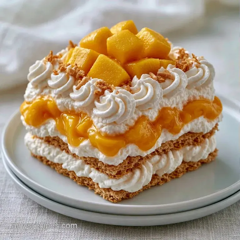 Elegant slice of layered cream dessert on a white plate, topped with vibrant mango cubes and a fresh mint sprig.