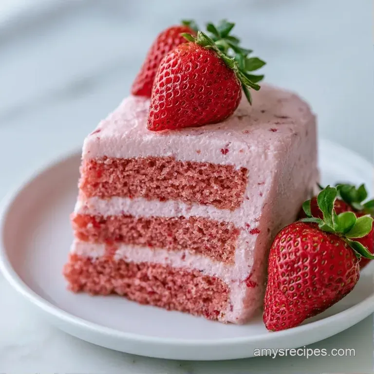 A single slice of layered cake showing airy sponge and cream, paired with a fresh strawberry on a white porcelain plate.