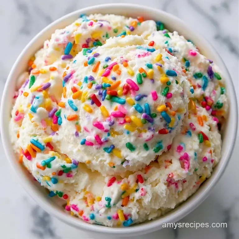 Two rounded scoops of pale cream ice cream with rainbow confetti sprinkles on a marble platter with a silver spoon.