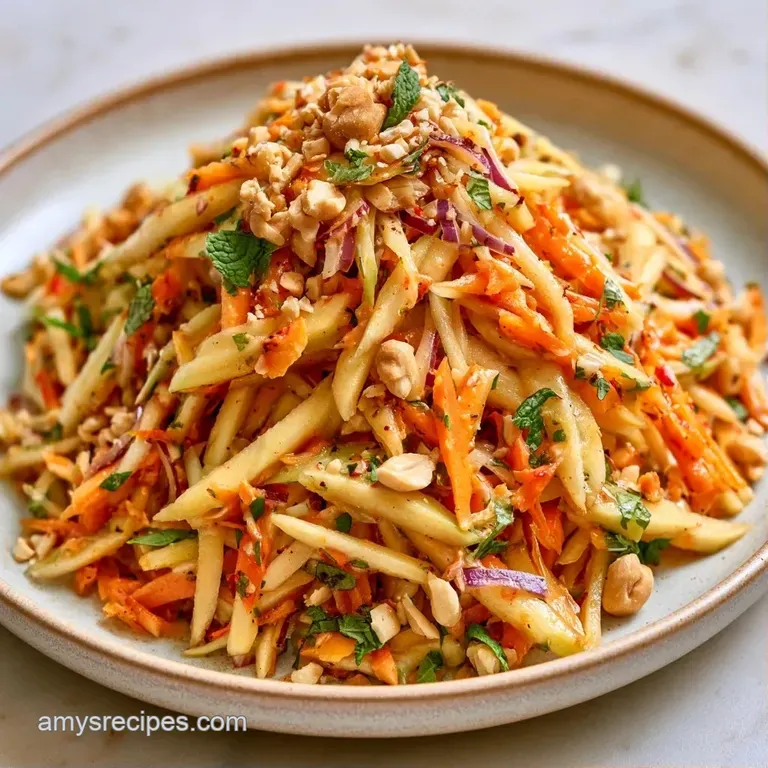 Colorful shredded mango and red onion arranged neatly on a slate platter with fresh mint leaves and lime wedges.