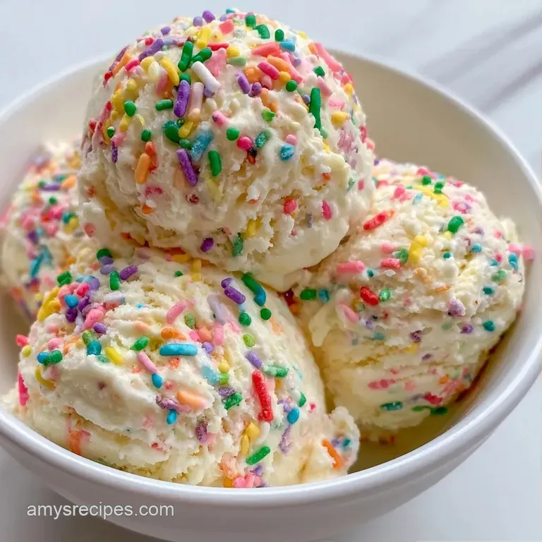 Three perfect scoops of creamy vanilla ice cream topped with vibrant sprinkles on a minimalist pastel blue plate.