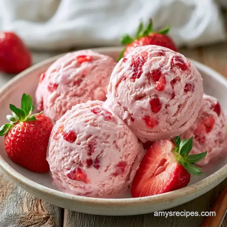 Three pink frozen scoops in a glass goblet topped with a fresh mint leaf and sliced berries on a linen cloth.