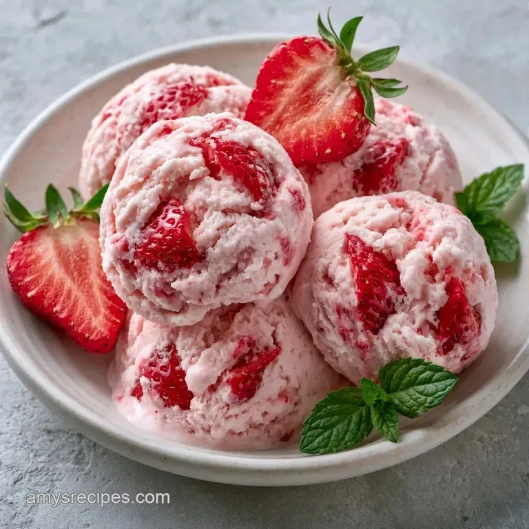 Three pale pink frozen scoops topped with a mint leaf and a glossy drizzle of sweet milk on a white ceramic plate.