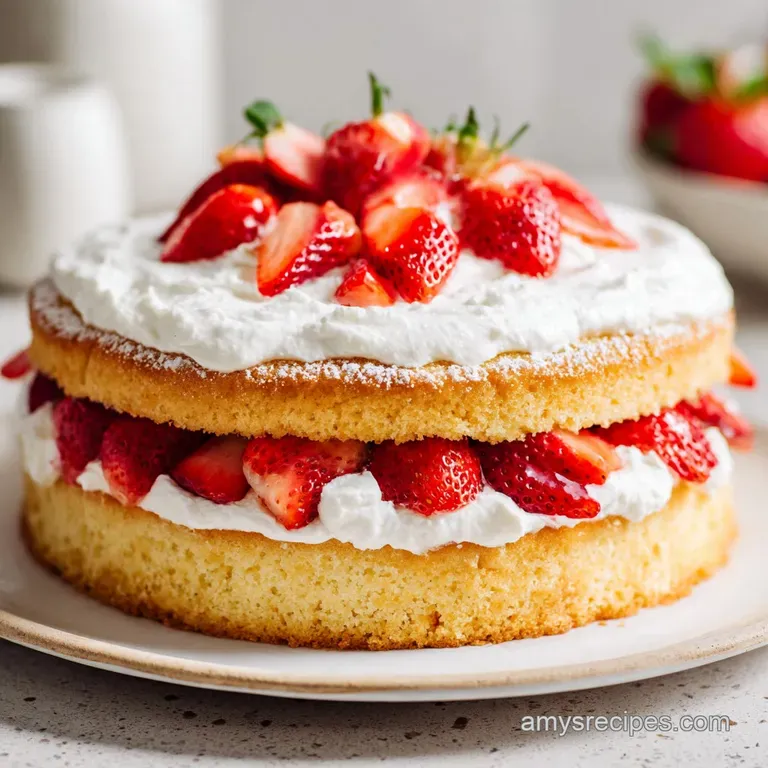 A slice of airy white cake layered with cream and strawberries on a ceramic plate beside a sprig of mint.