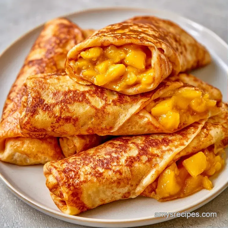 Neatly stacked folded crepes topped with vibrant yellow mango cubes and a drizzle of cream on a dark slate board.