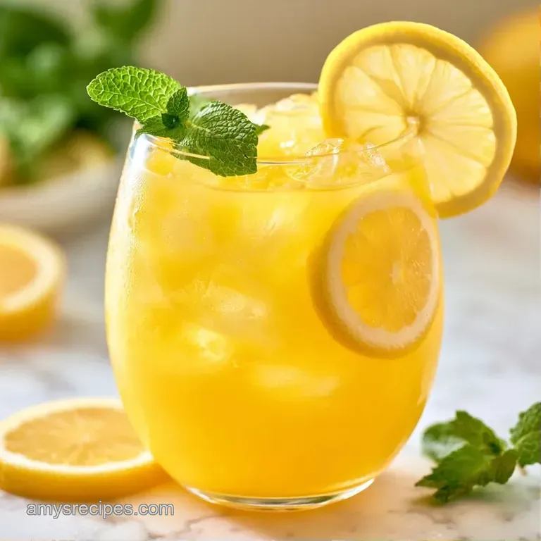 Tall glass of vibrant yellow juice on a white marble surface next to fresh mango chunks and lemon wedges.