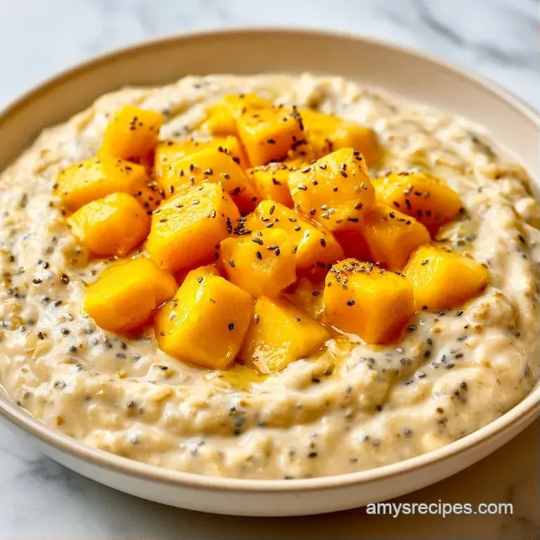 A glass jar filled with creamy white oats and bright yellow mango chunks, garnished with a fresh mint leaf.