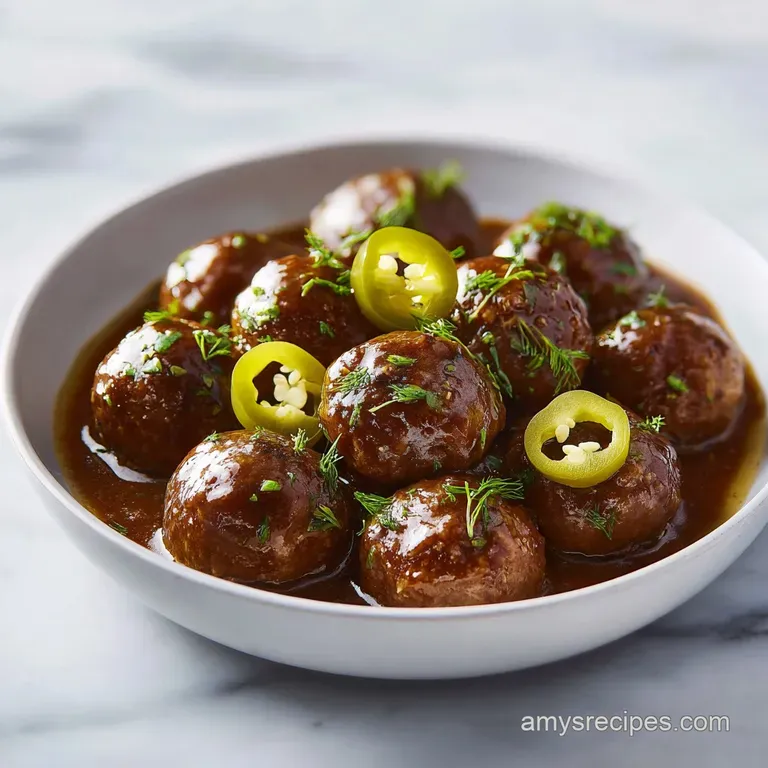 Three tender meatballs on a white ceramic plate, drizzled with rich sauce and topped with a fresh green parsley sprig.