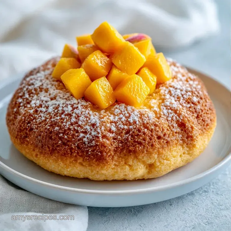 A slice of bright yellow sponge cake on a white plate, garnished with fresh mint and juicy diced mango cubes.