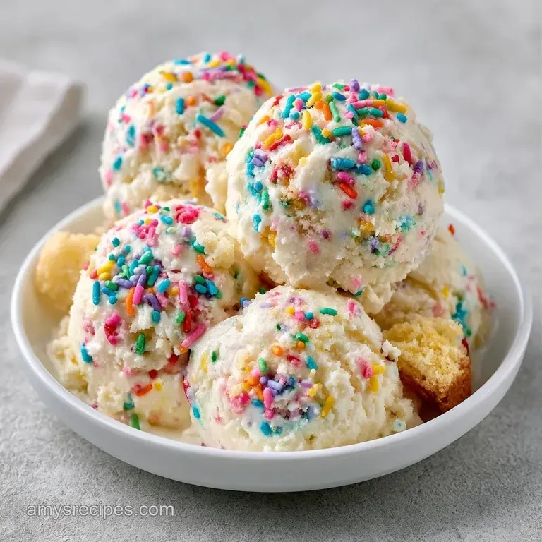 Pastel scoops of frozen dessert topped with bright confetti sprinkles and a cherry on a polished glass saucer.