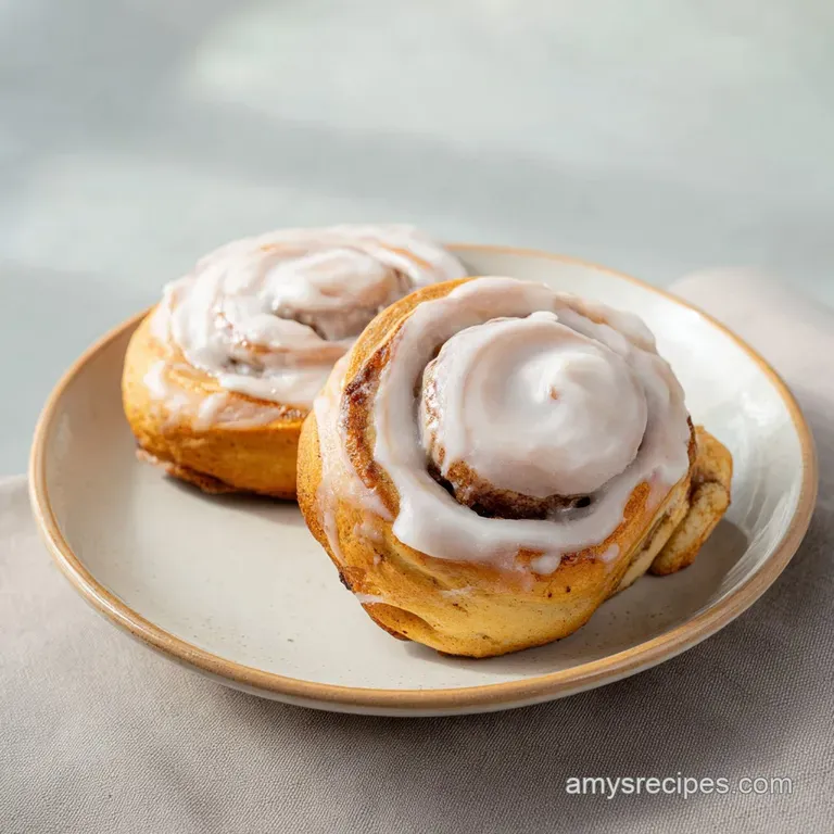 Three soft, glazed spirals stacked on a white ceramic plate, garnished with a light dusting of cinnamon.