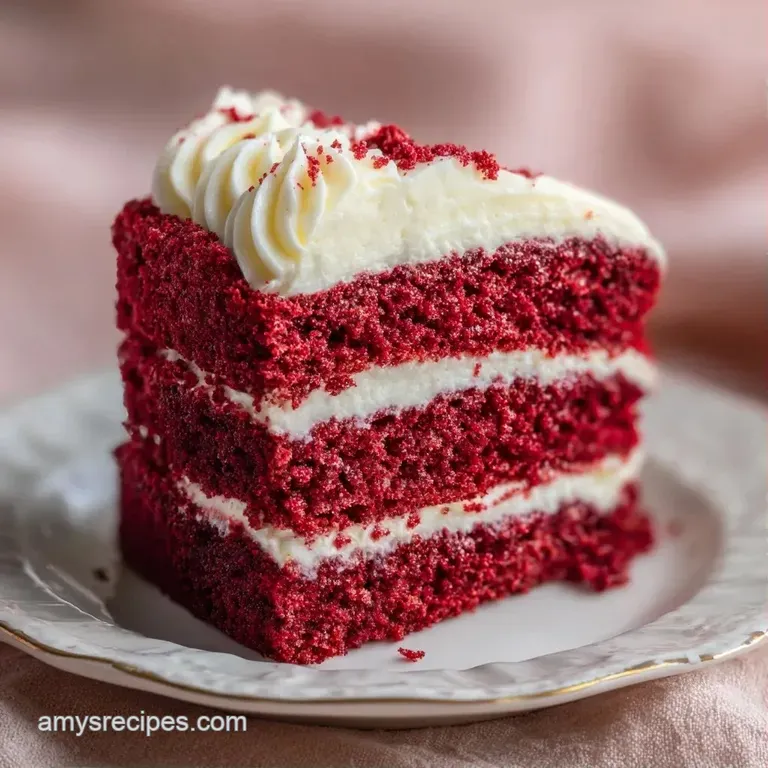 Elegant slice of crimson sponge cake on a marble plate with a dusting of red crumbs and a fresh mint leaf.