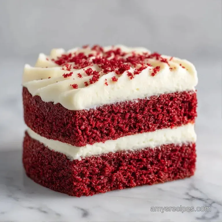 A slice of deep crimson cake topped with a swirl of ivory frosting, garnished with a single red berry on a white dish.