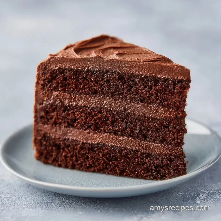 A slice of moist dark chocolate cake on a white plate, garnished with a single raspberry and a mint leaf.