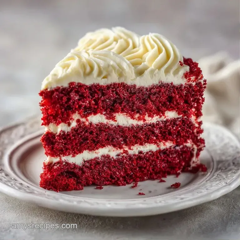 A slice of deep red sponge on a white porcelain plate, topped with white frosting and a few fresh raspberries.