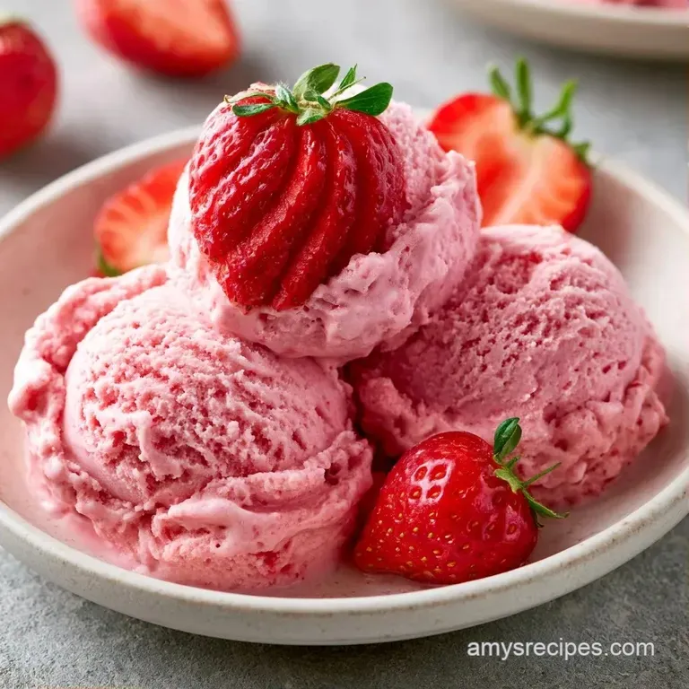 Three pale pink frozen scoops in a glass bowl topped with a fresh mint leaf and a drizzle of sweet strawberry syrup.