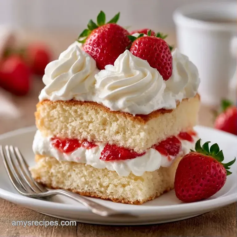 A triangular slice of fluffy cream cake topped with a glossy strawberry, served on a clean white ceramic plate.