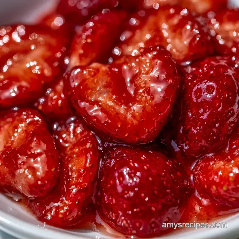 Sliced red berries piled high on a crumbly golden cake, drizzled with glossy syrup on a white ceramic plate.