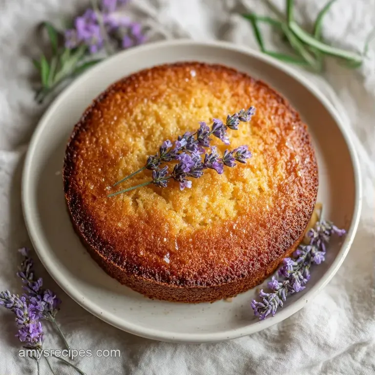 A moist golden cake slice on a white plate, adorned with a translucent honey comb piece and fresh mint leaves.